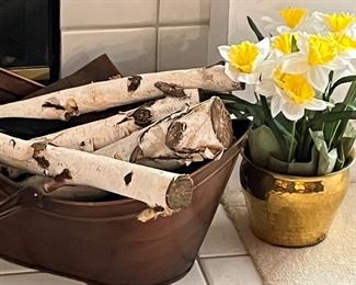 Copper and brass handled bucket with birch wood, brass pot with daffodils!