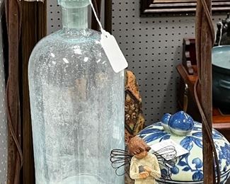 Vintage large bottle, Willowtree, and assorted blue/white dishes 