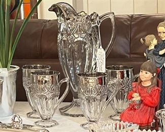 Vintage EAPG US Glass, Athenian pattern tankard pitcher with 4 goblets, beautiful!

