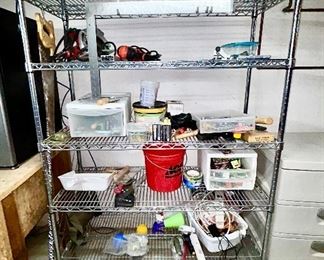 Metal shelf on wheels, misc. tools, garage items