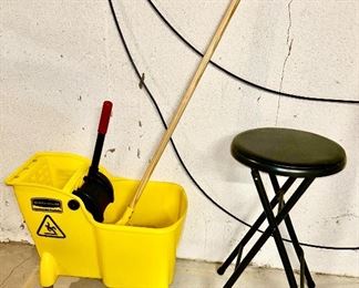 Rolling mop bucket/mop (like new), metal stool