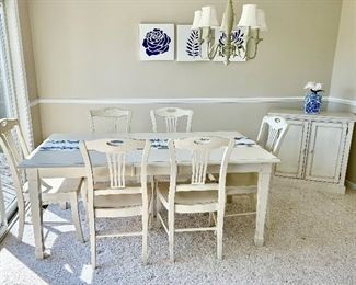 French Country style Dining room table w/ one leaf and 6 chairs, 2 door chest w/ Linden Street label, both distressed style
