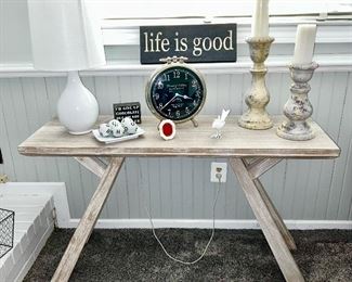 Modern French Country style sofa table, lamp (SOLD), candle holders (sold) and clock (SOLD)
