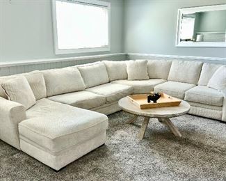 Large sofa sectional with chaise, round French Country coffee table, large tray, wall mirror