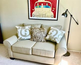 Kroehler loveseat, handcrafted in North Carolina, adjustable lamp, sofa pillows
