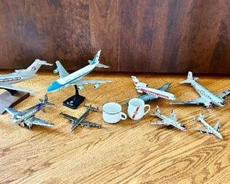 Vintage metal, tin collector airplane desk models, AA & TWA airline coffee cups