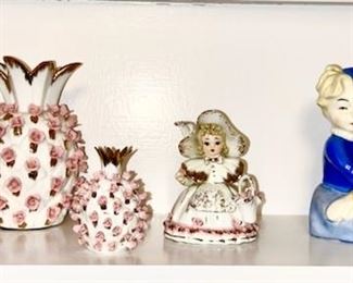 Lefton 3 piece set pineapple rose shakers & vase, Lefton girl figurine, Erphila Boy figure