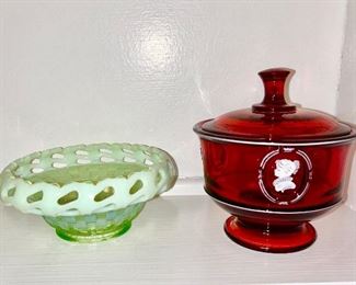Green Opalescent bowl is SOLD, Ruby red Fenton hand painted & signed covered dish
