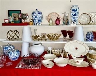 Blue & White jars/vases, Lenox china (SOLD), lead crystal, depression glass, etc.