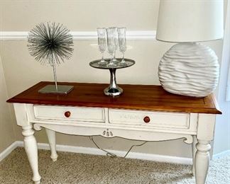 American Signatures French Country sofa table, lamp, misc. decor, crystal stems