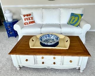 American Signature French Country style coffee table, Sofa from Pottery Barn, large wooden tray, blue & white bowl
