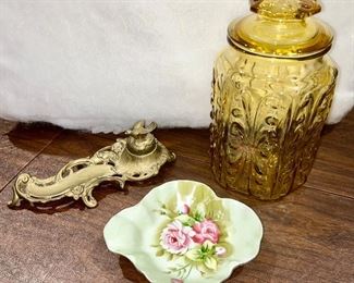 Antique brass ink well, amber pressed glass covered jar, porcelain dish