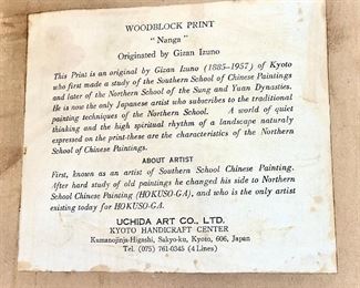 Vintage woodblock print “Nanga” by Gizan Izuno label on back of print