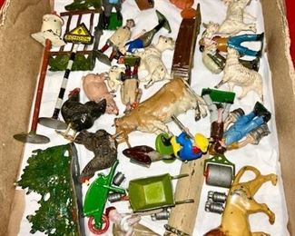 Vintage metal farm animals, people, etc., some signed Germany 