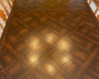 DISTRESSED FRENCH DINING TABLE WITH 1 LEAF AND ALL PADS
8 CHAIRS(2 ARM 6 ARMLESS) CHAIRS