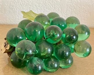 Mid Century Modern Green Glass Grapes On Wood Base