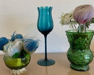 (3) Mid Century Modern Art Glass Vases With Flower Poms