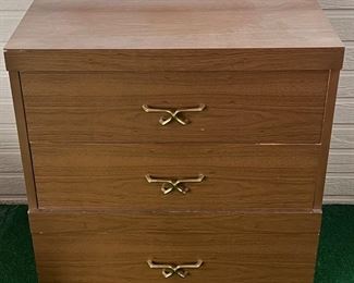 Mid Century Modern Wood And Veneer Small 3-drawer Dresser With Brass Pulls And Laminate Finish