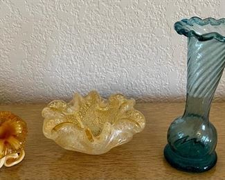 Hand Made Venetian Vetro Made In Murano Bowl, Art Glass Flower, And Hand Blown Mexican Vase