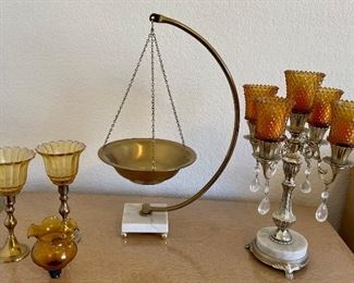 Mid Century Modern Brass And Marble Hanging Fruit Bowl, Amber Glass Candelabra, Glass Candle Holders, & Globe