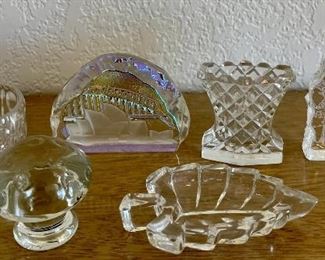 Bohemia Glass Figurine, MCM Art Glass Mushroom, Crystal Bowl, Toothpick Holder, And Leaf Dish