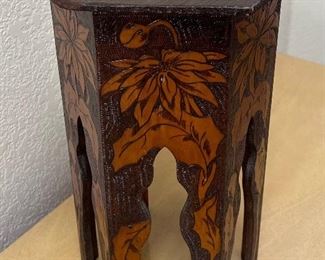 Small Vintage 16.75 Inch Hexagonal Carved Side Table/plant Stand