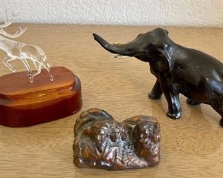 (3) Vintage Animal Figurines - Bronze Elephant, Glass Elk, And Mount Rushmore Memorial Bronze Souvenir