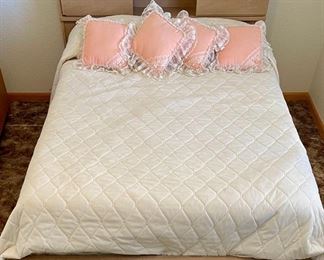 MCM Limed Oak Full Size Slide Door Headboard With Bed Frame, Foot Board, Mattress, And Bedding