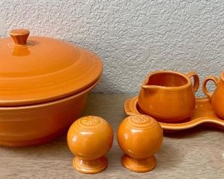 Tangerine Fiesta HLC Cream And Sugar, Salt And Pepper, And Casserole With Lid