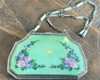 Gorgeous Antique Art Deco Handled Guilloche Enamel Silver Compact W Mirror, Powder, Rouge And Lipstick Holder