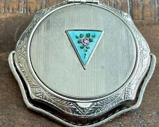 Rare 1930's Art Deco Silver Guilloche Enamel Whoopee Compact Bale Handle Stand - McRae & Keller