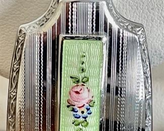 Gorgeous Art Deco Guilloche Enamel Painted Flower Silver Perfume Flask With Lid