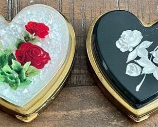 2 Vintage Lucite And Rose Heart Brass Compacts With Mirrors And Inserts (1 Has Powder Puff)