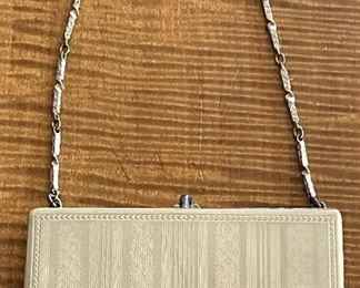 Antique Guilloche Enamel Silver Dance Purse Compact Lipstick Rouge Powder