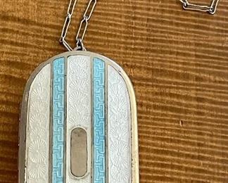 Antique Sterling Silver And Enamel Guilloche Dance Purse Compact