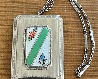 Vintage Evans Art Deco Guilloche Enamel Dance Purse Compact With Powder And Mirror