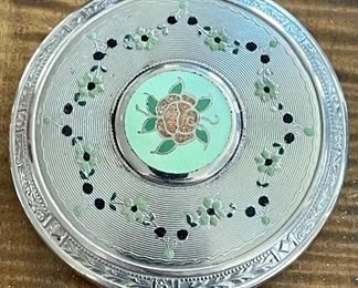 Vintage Guilloche Art Deco Enamel And Silver Floral Loose Powder Compact With Puff
