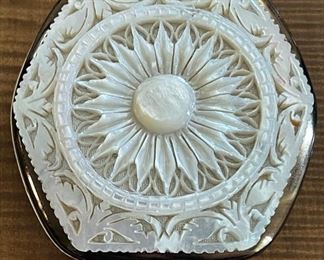 Vintage Ornately Carved Mother Of Pearl And Gold Tone Compact