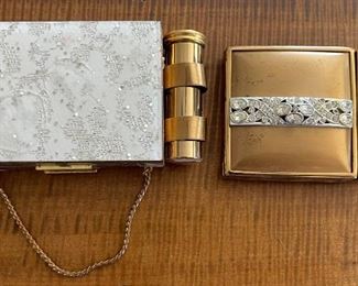 Vintage Lucite 1960's Silver Confetti Compact And Lipstick Dance Purse, Gold Rhinestone Compact And Lipstick
