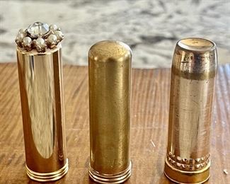 (3) Vintage Gold Tube Lipstick Cases -rawleighs, Max Factor Hollywood Cherry Cherry, Faux Pearl And Rhinestone