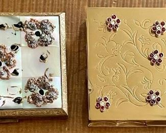Vintage Volupte Gold And Red Rhinestone Flower Compact, American Beauty MOP Compact