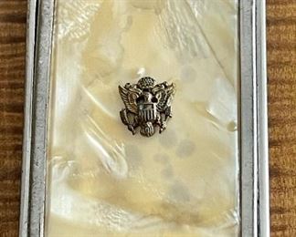 1940's WWII Girey Pearlized Celluloid Kamra Pac - Compact With Puff American Eagle With Flag