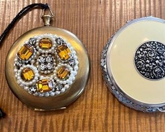 2 Vintage Powder Compacts - Evan Mesh Bottom Powder & Watch Style With Rhinestones & Faux Pearls