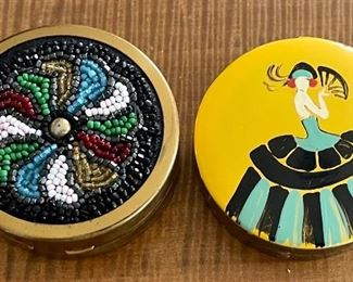 2 Vintage Powder & Rouge Compacts - Aklar Shades Or Orient Flamingo Dancer & Seed And Glass Bead Brass Compact
