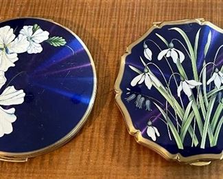2 Vintage Stratton Blue Enamel And Floral Large Powder Compacts
