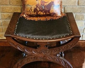 Carved Wood Studded Leather Chair 