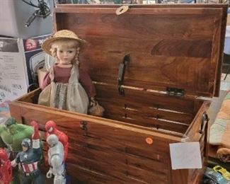 WOODEN TRUNK AND DOLL
