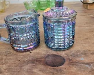 CARNIVAL GLASS CREAMER & COVERED SUGAR DISH