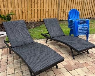 Outdoor wicker chaise lounge chairs, blue Adirondak chairs