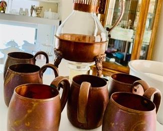 Copper / Glass Tea or Coffee Carafe pot w 6 Mugs